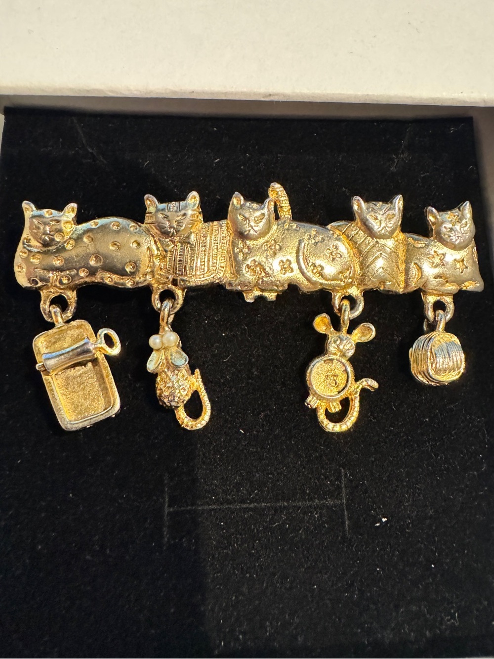 Vintage signed AGC Cat Charm Brooch with Dangling Toys - Pets Small Pets
